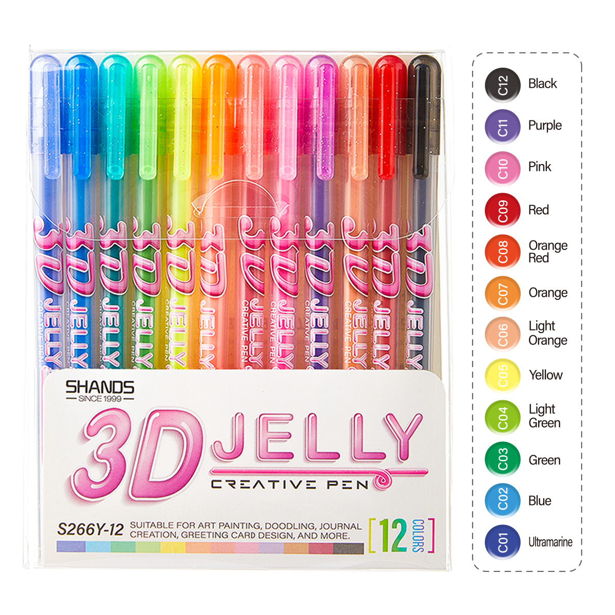 3D Printing Epoxy Resin - SHANDS 12本入り3Dゼリーゲルペンセット、1.0mm太字、鮮やかなインク、速乾性と滑らかさで描画、ジャーナリング、新学期に最適