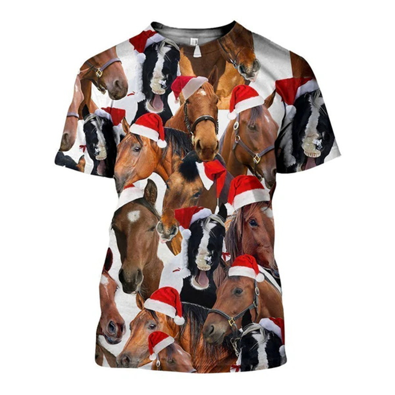 3D Printing Xmas - 男性用長袖Tシャツ,3Dクリスマスウェア,動物モチーフ,牛の馬のグラフィック,カジュアル,ヒップホップ,特大,新しいファッション