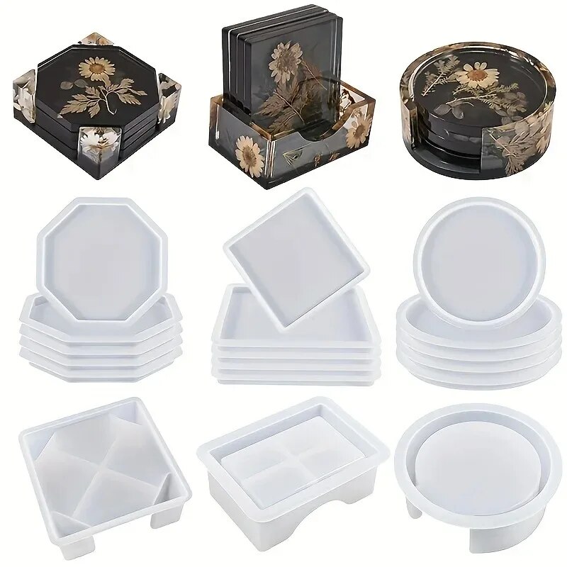 3D Printing Epoxy Resin - コースター樹脂モールドセットには、コースター収納ボックスモールド1個、エポキシ樹脂用シリコーン樹脂コースターモールド4個が含まれます。